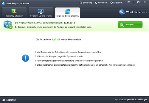 Wise Windows Registry Cleaner Registry Defragmentierung